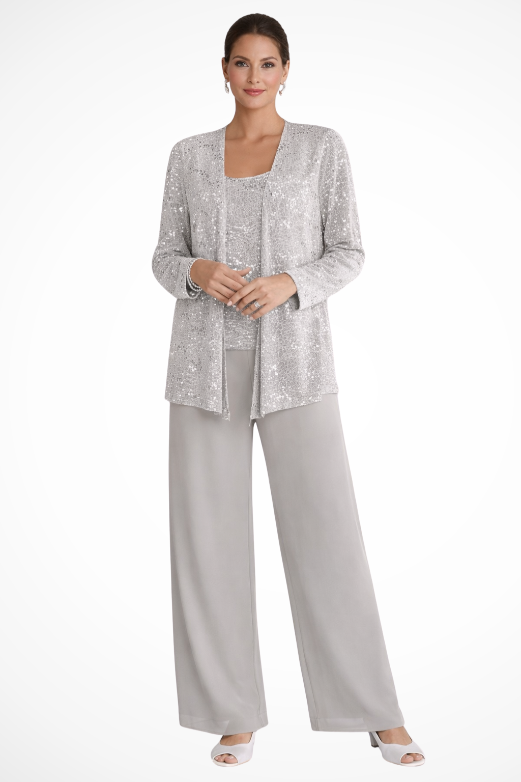 Women's Sequin Lace Three Piece Trouser Suit - Wide Leg Wedding Guest Outfit