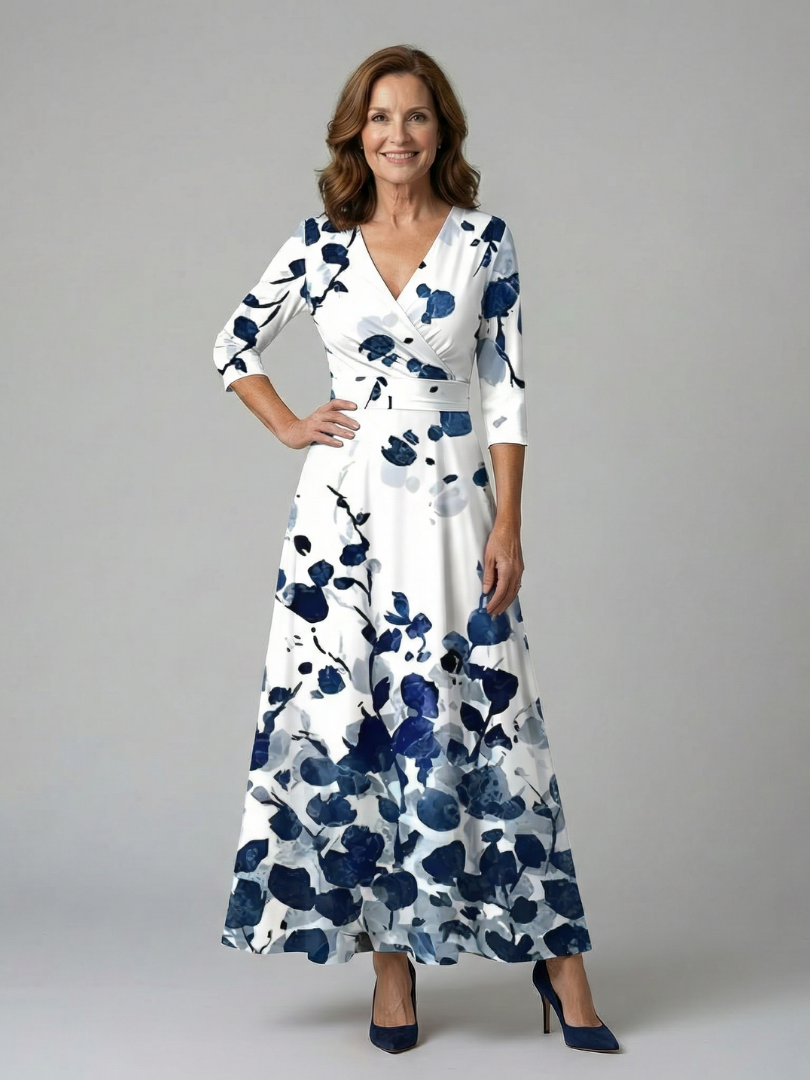 Women's Floral Wrap Midi Dress with Three Quarter Sleeves
