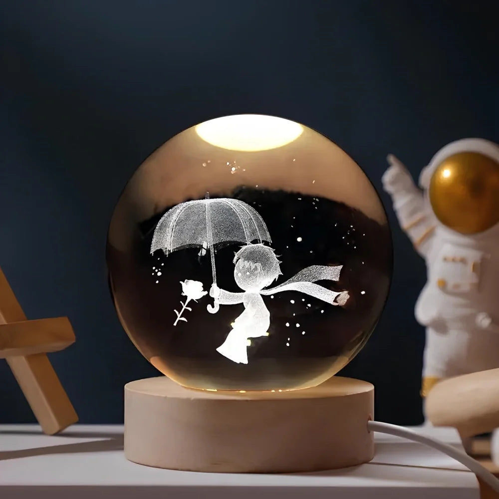 3D Engraved Crystal Ball Night Light - Wooden Base LED Lamp