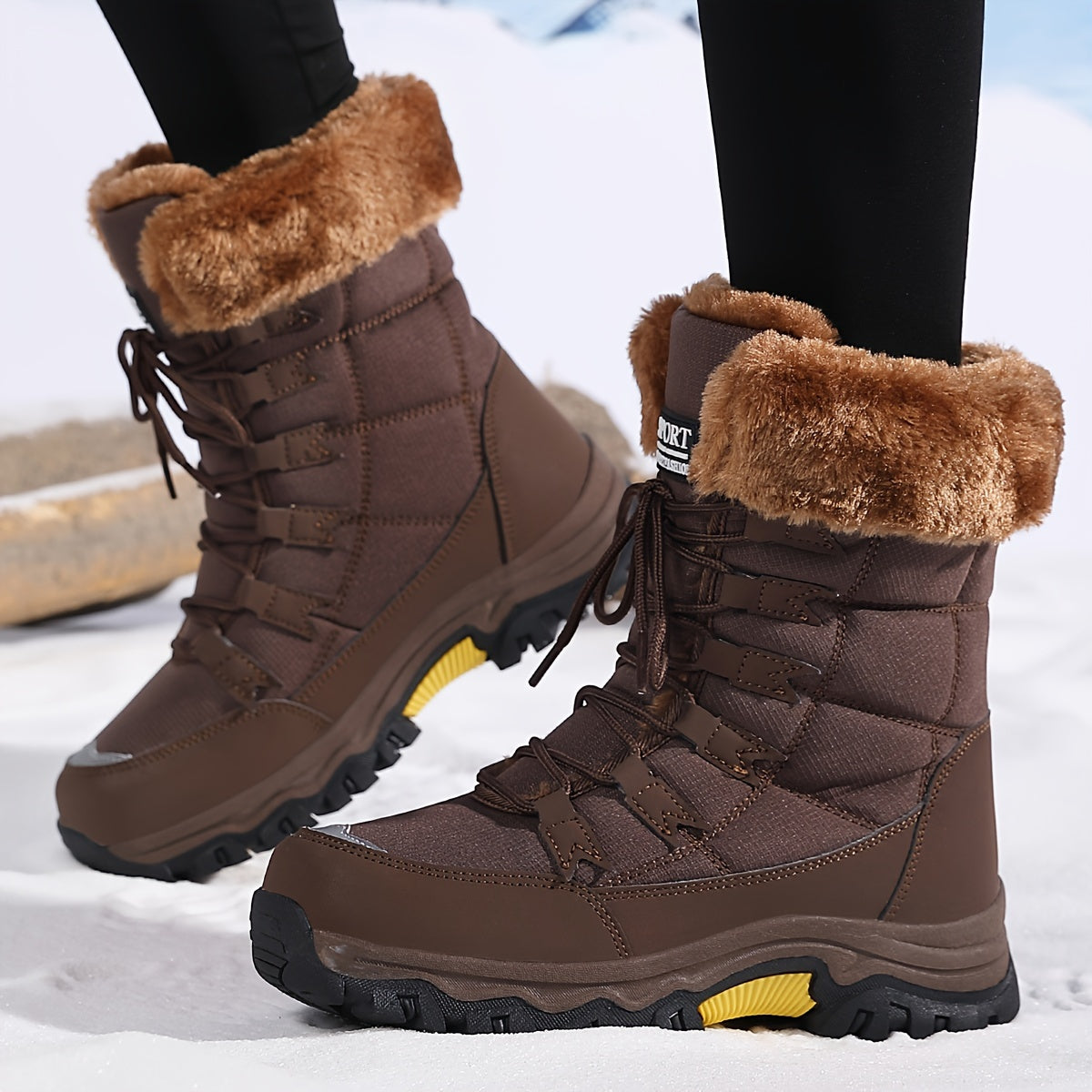 Women's Winter Boots Brown Faux Leather, Warm Lined and Waterproof