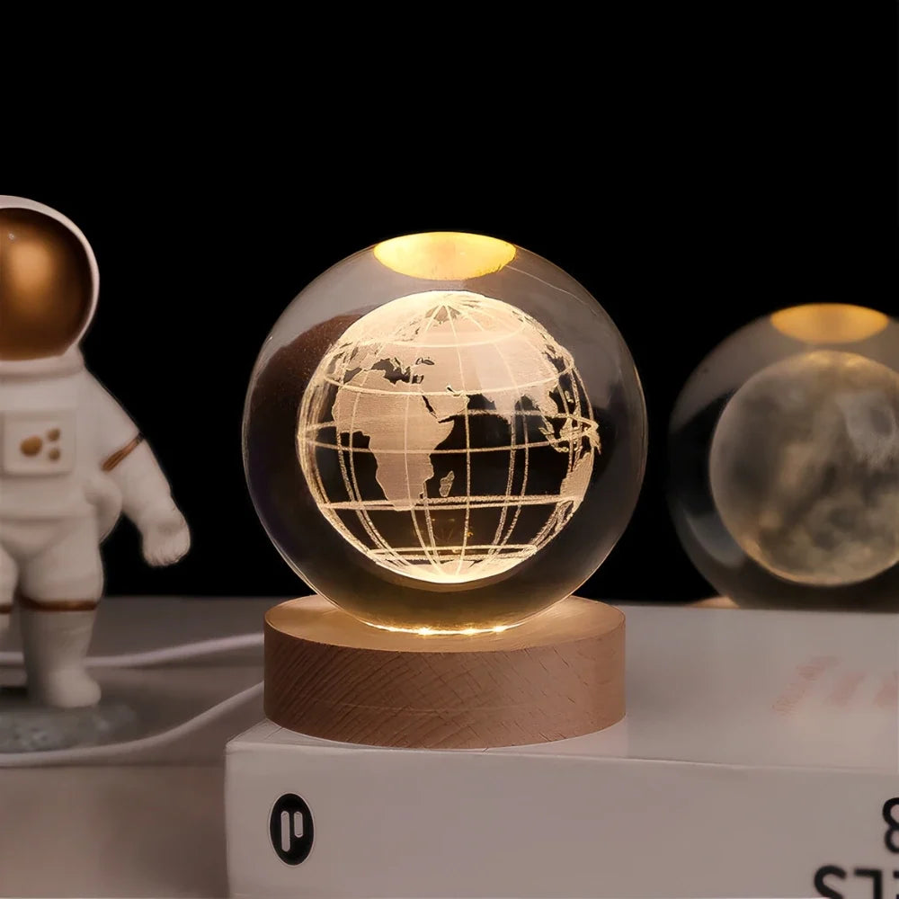 3D Engraved Crystal Ball Night Light - Wooden Base LED Lamp