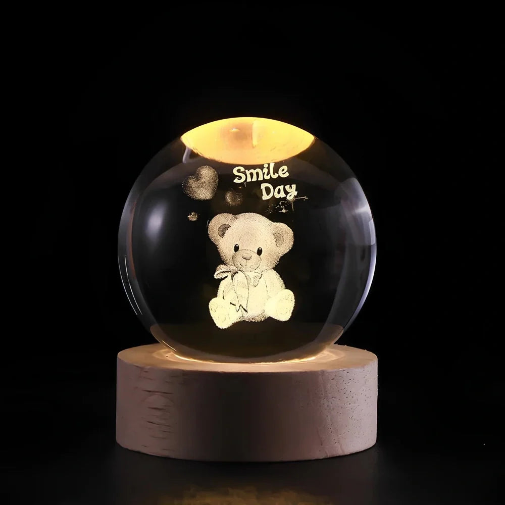 3D Engraved Crystal Ball Night Light - Wooden Base LED Lamp