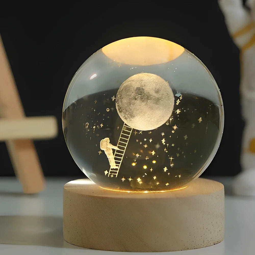 3D Engraved Crystal Ball Night Light - Wooden Base LED Lamp