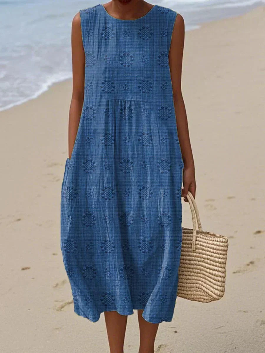 Women's Sleeveless Midi Dress with Printed Pattern