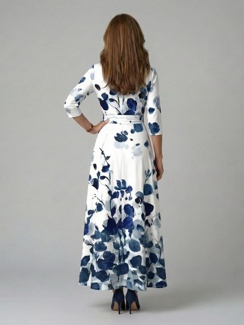 Women's Floral Wrap Midi Dress with Three Quarter Sleeves