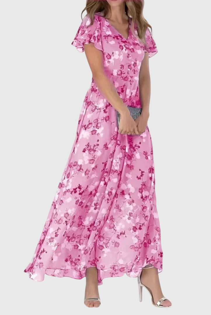 Women's Floral V-Neck Maxi Dress - Flowy Summer Dress