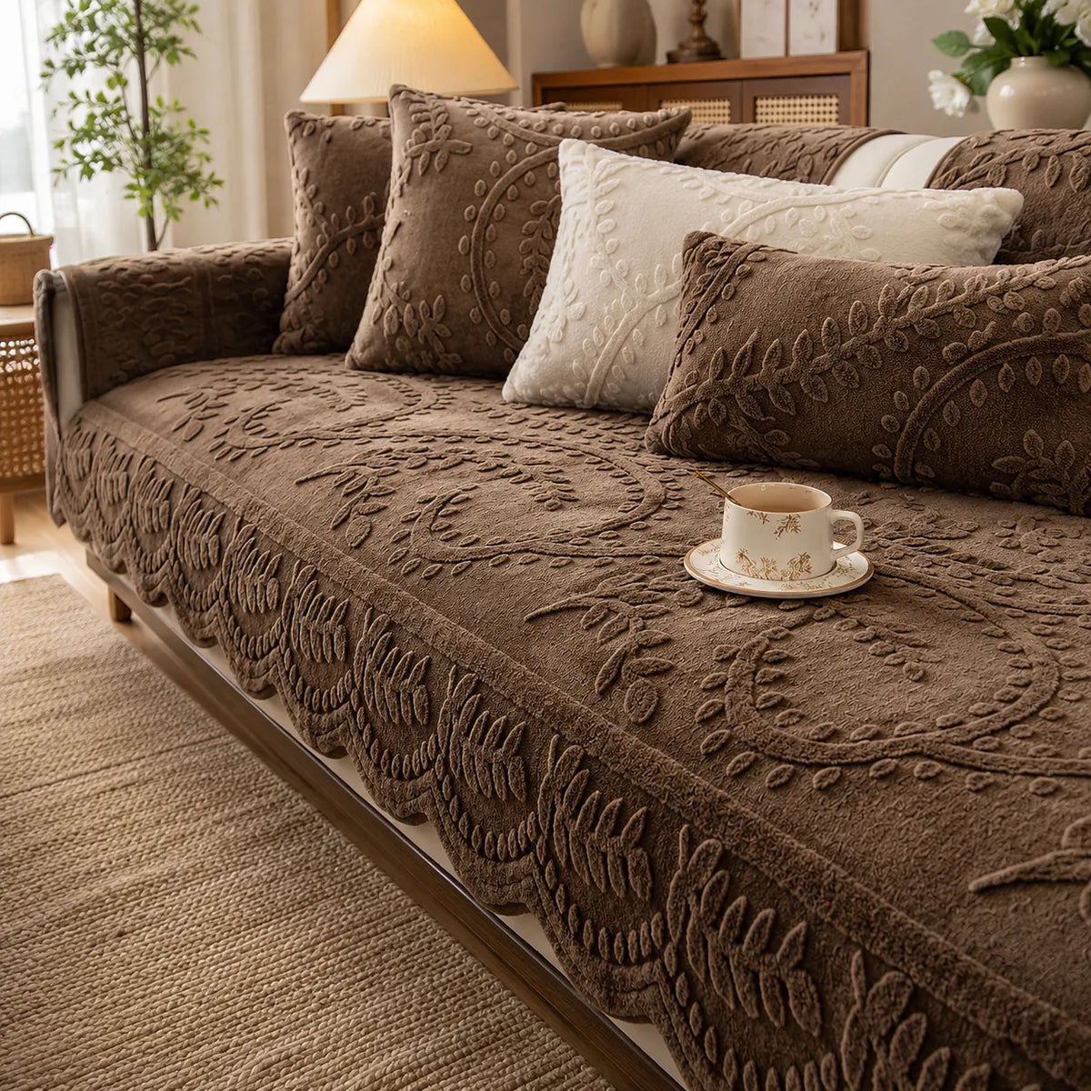Plush Botanical Texture Couch Cover with Non-Slip Backing