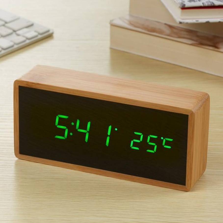Wooden Digital Alarm Clock with LED Time and Temperature Display