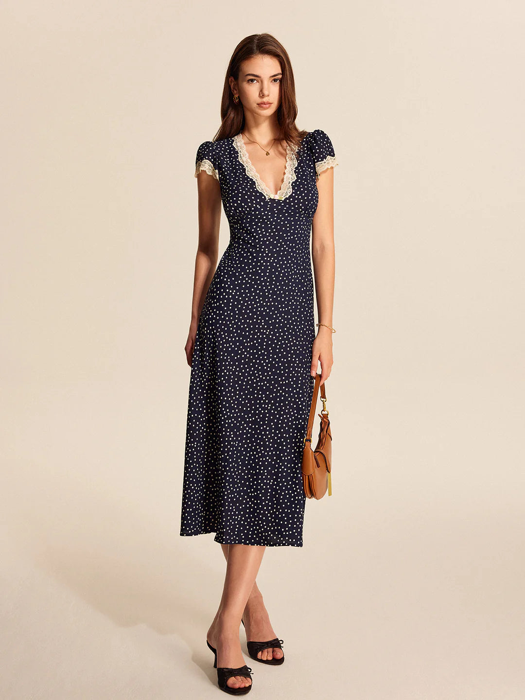 Women's Polka Dot Midi Dress with Lace-Trimmed V Neck and Cap Sleeves
