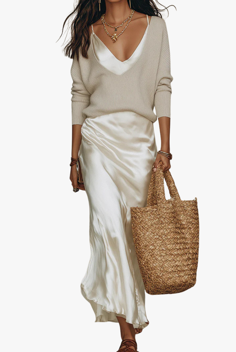 Women's Midi Dress Set with Knit Cardigan – Satin Two-Piece Outfit