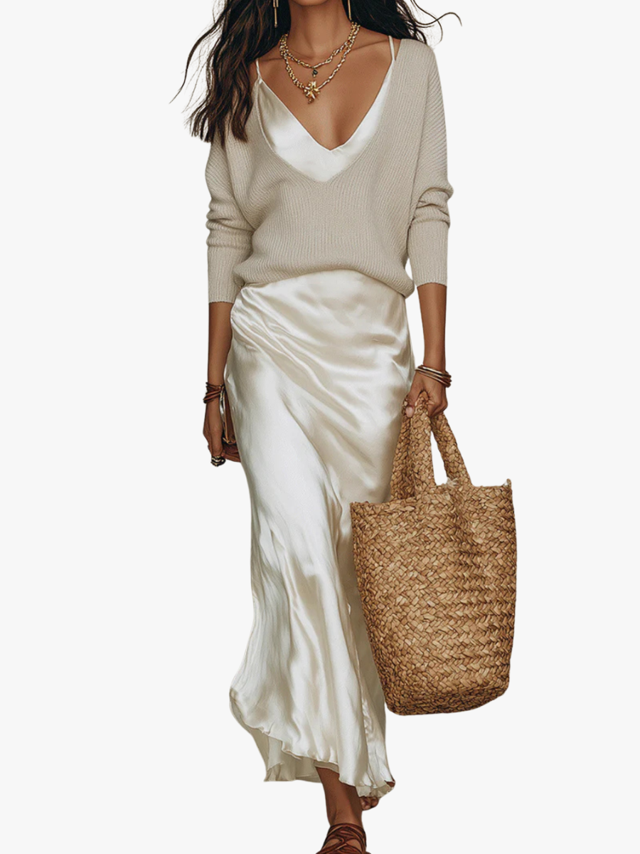 Women's Midi Dress Set with Knit Cardigan – Satin Two-Piece Outfit