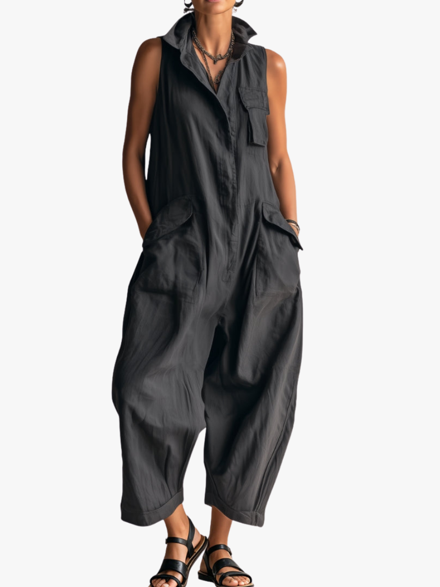 Women's Sleeveless Cargo Jumpsuit with Structured Collar