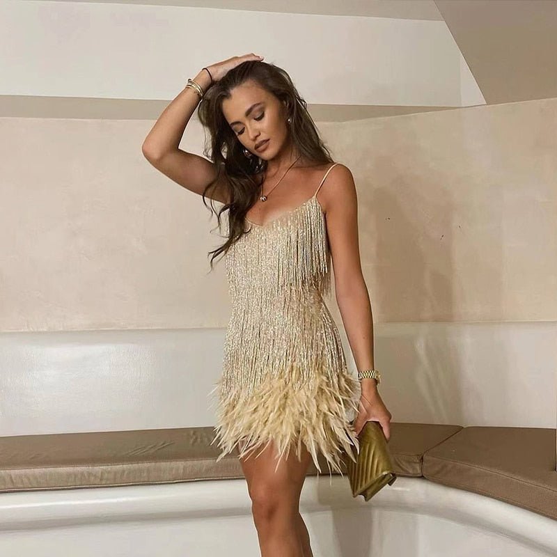 Women's Feather-Trim Mini Dress – Glamorous Evening Look