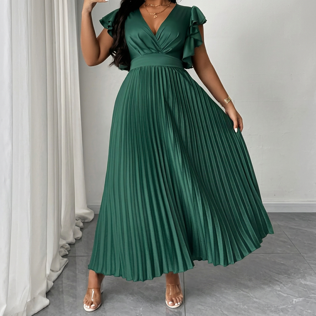 Women's Maxi Dress with Wrap Front, Pleated Skirt and Ruffle Sleeves
