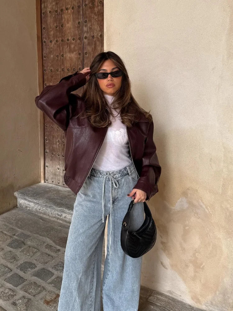 Women's Oversized Bomber Jacket - Faux Leather, Burgundy