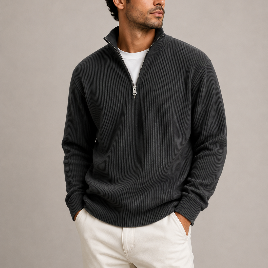 Men's Quarter Zip Jumper Ribbed Knit Sweater