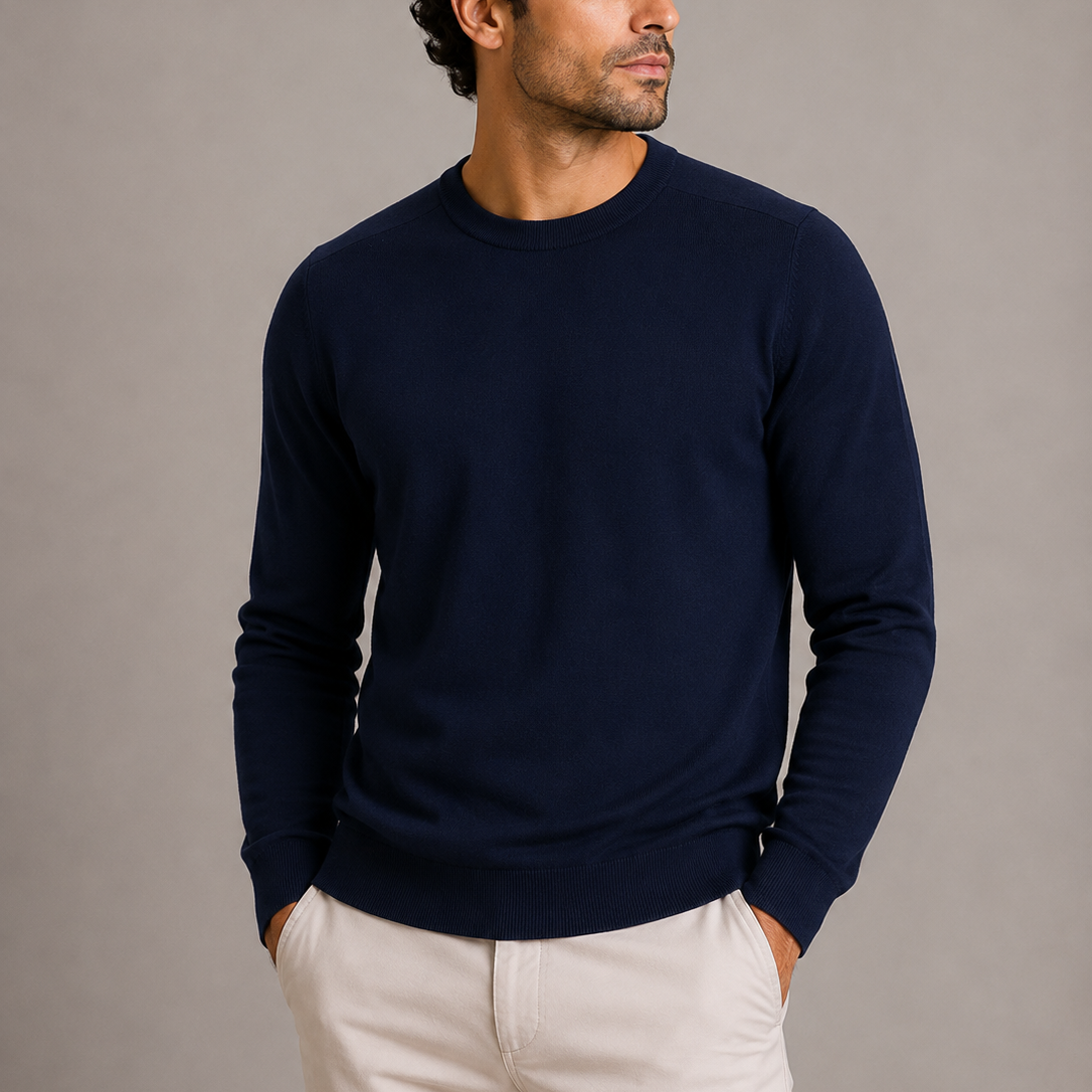 Men's Crew Neck Fine Knit Sweater - Ribbed Finish Jumper