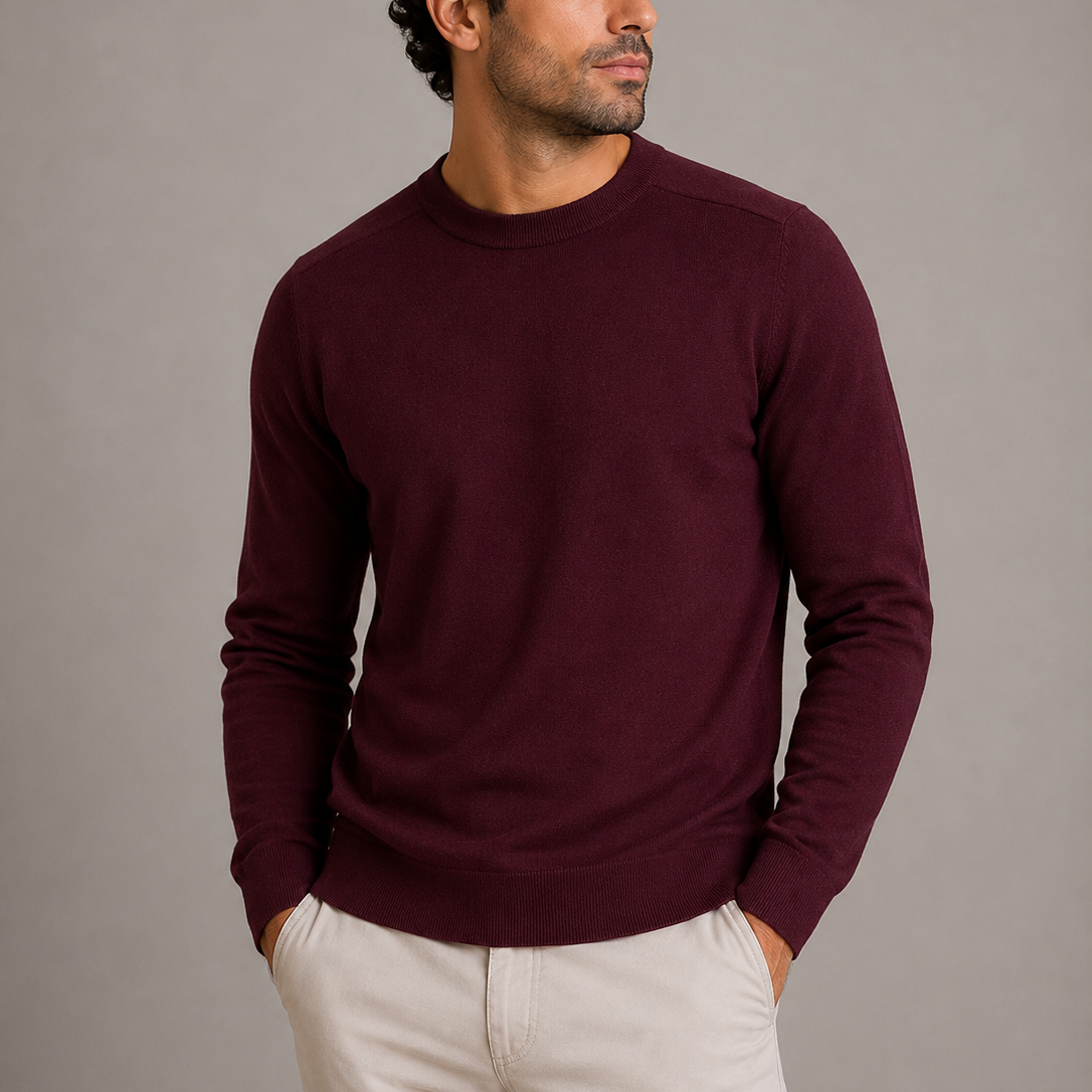 Men's Crew Neck Fine Knit Sweater - Ribbed Finish Jumper