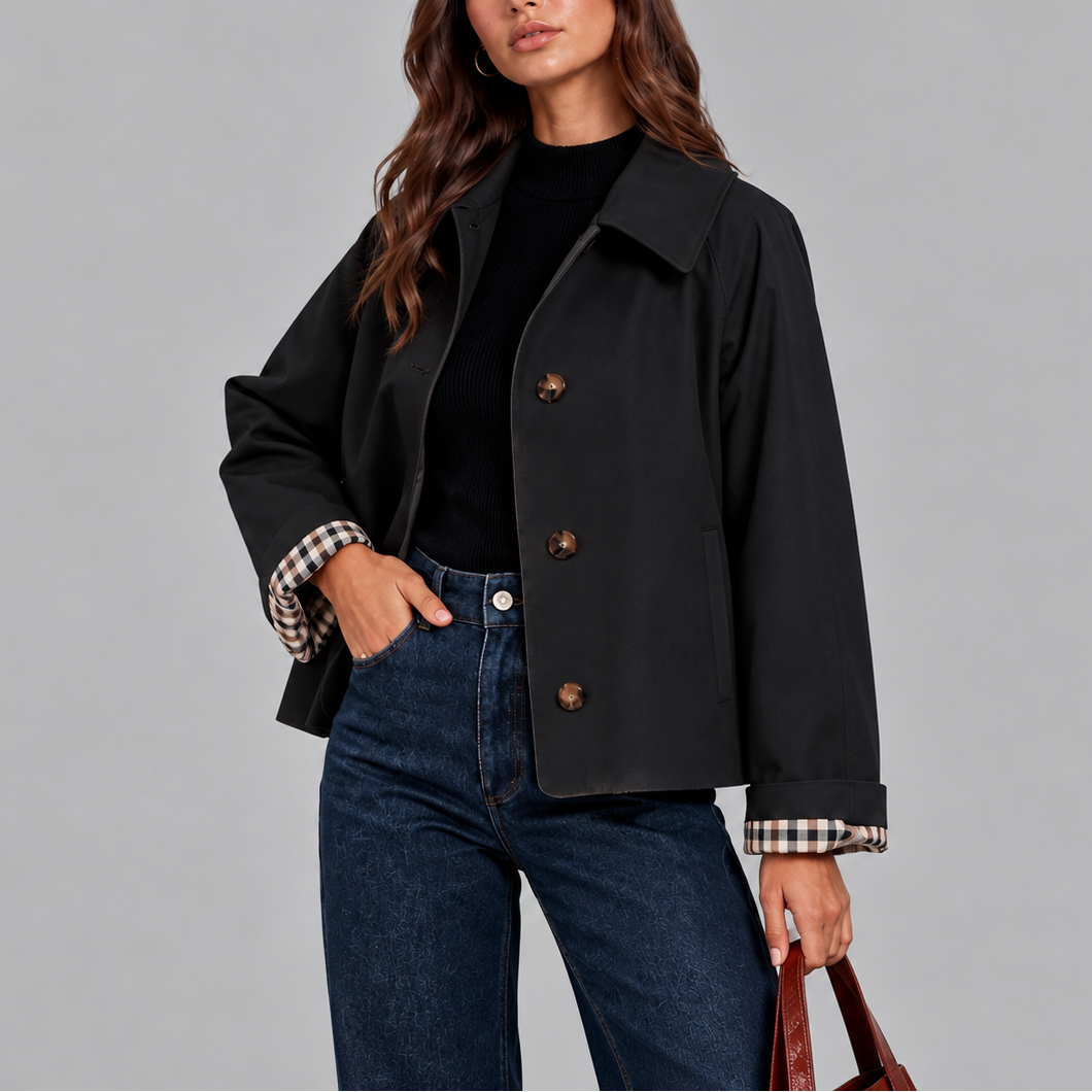 Women's Cropped Trench Jacket - Plaid Lined Short Trench Coat