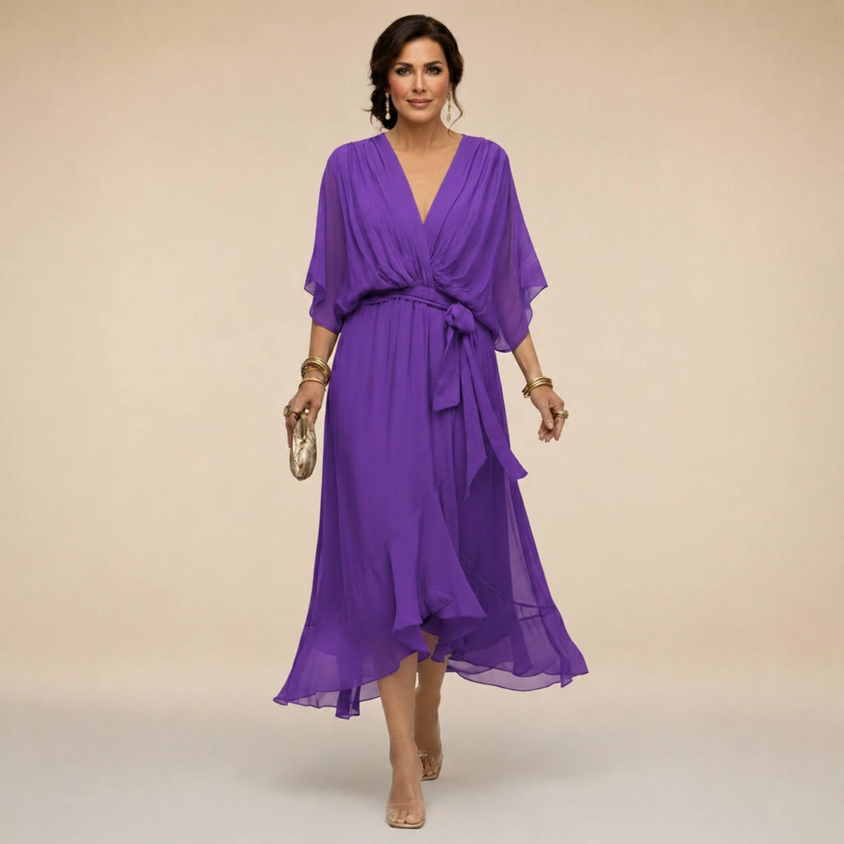 Women's V-Neck Wrap Midi Dress with 3/4 Sleeves