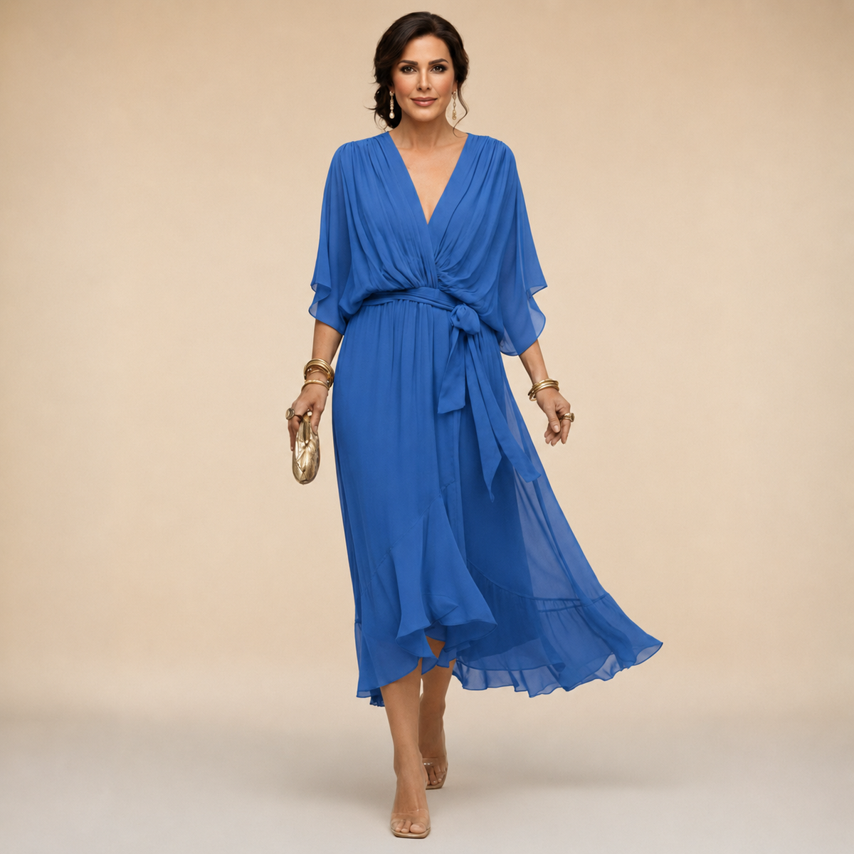 Women's V-Neck Wrap Midi Dress with 3/4 Sleeves