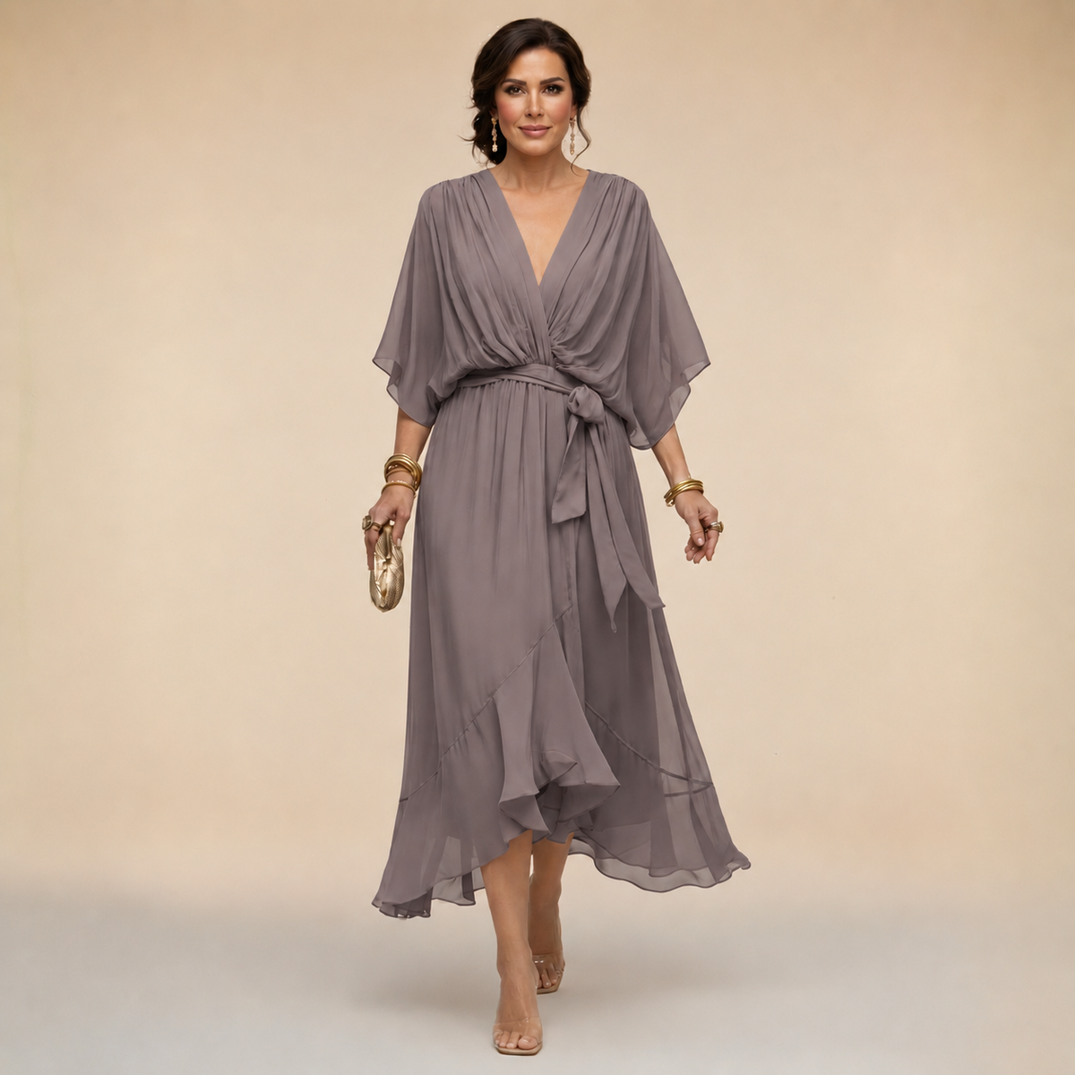 Women's V-Neck Wrap Midi Dress with 3/4 Sleeves
