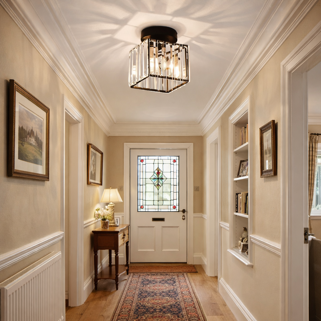 Flush Mount Ceiling Light with Crystal Shade - Black Brass Finish