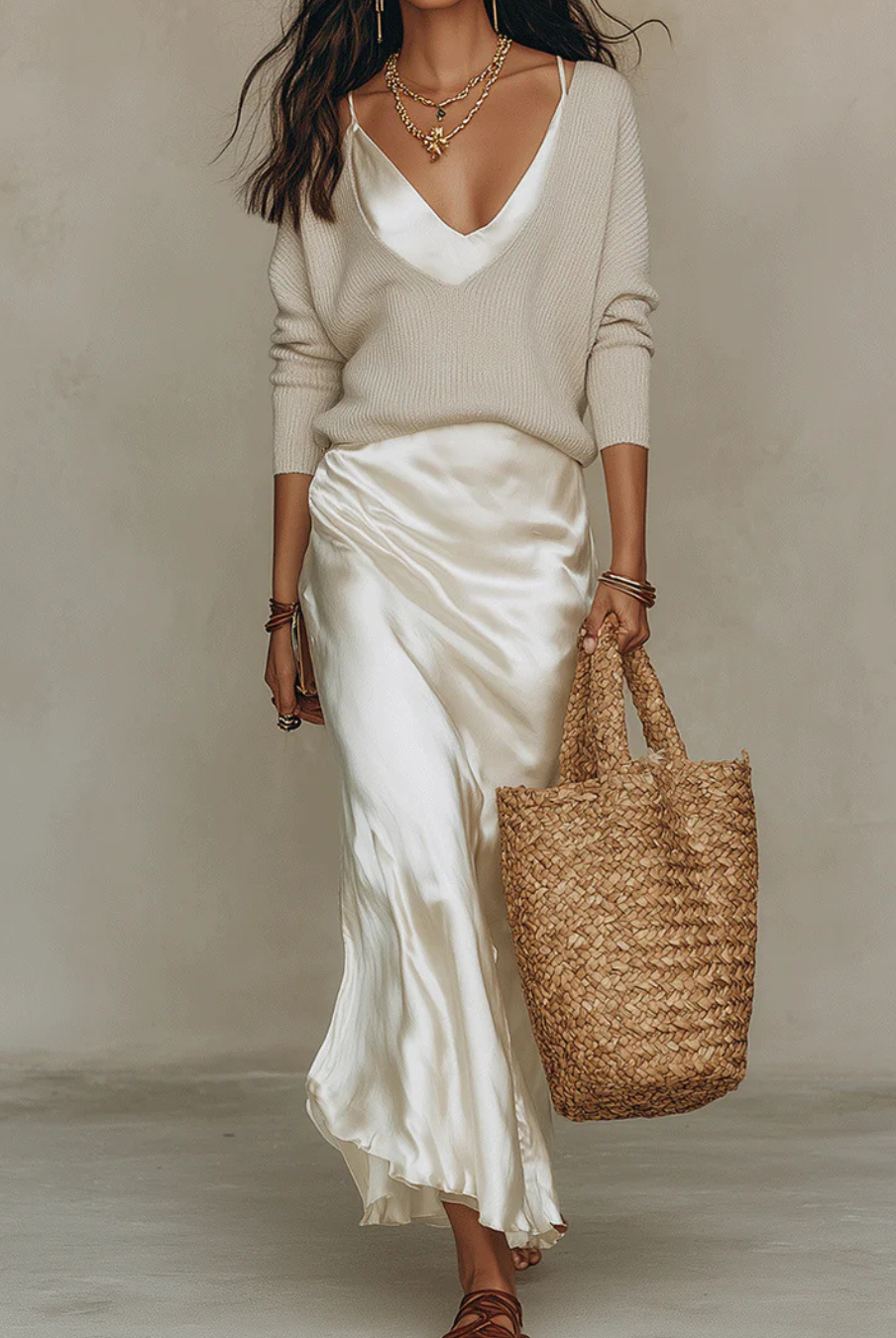 Women's Midi Dress Set with Knit Cardigan – Satin Two-Piece Outfit