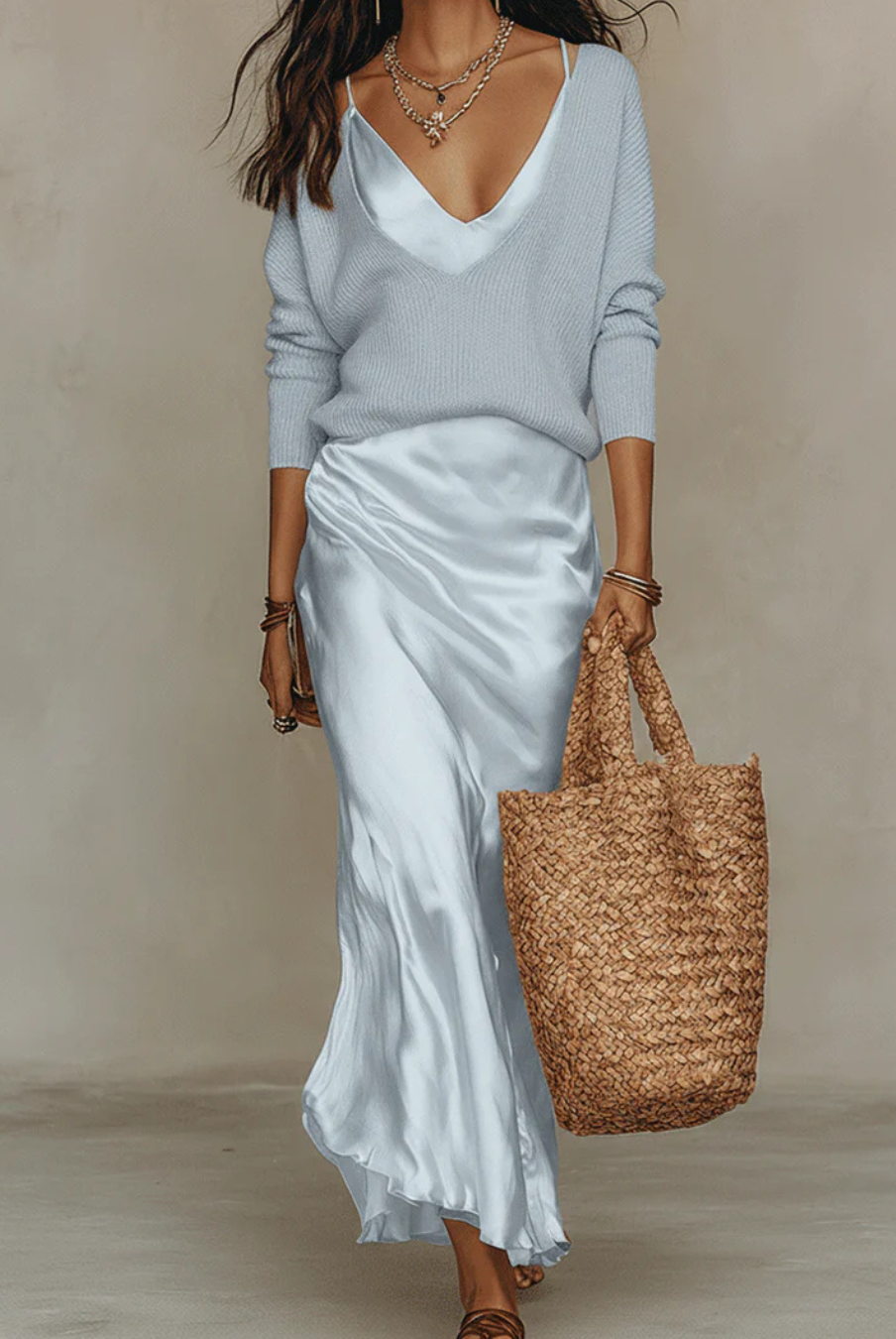 Women's Midi Dress Set with Knit Cardigan – Satin Two-Piece Outfit