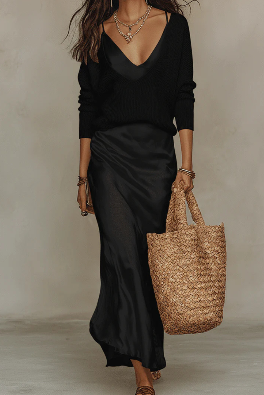Women's Midi Dress Set with Knit Cardigan – Satin Two-Piece Outfit