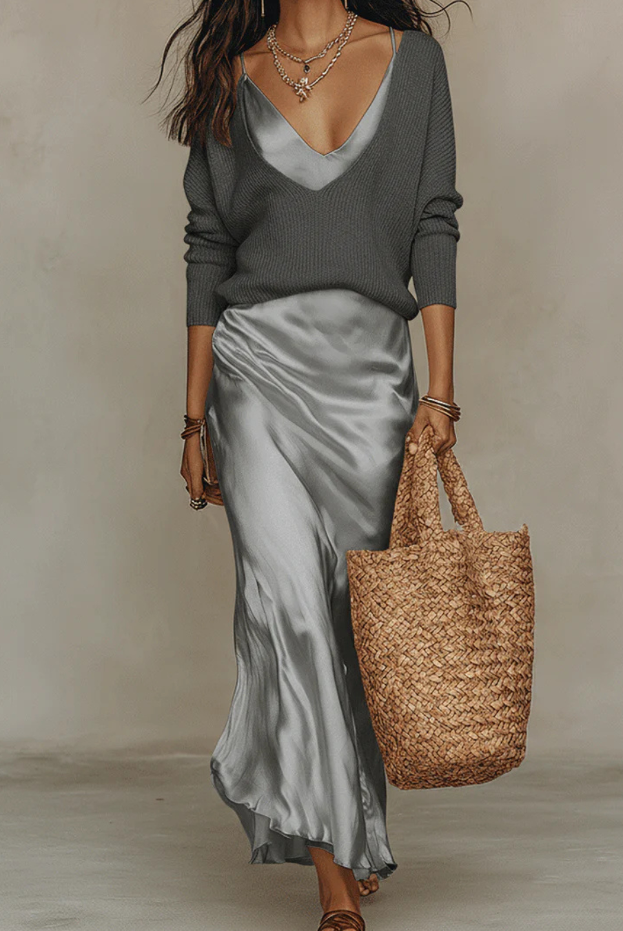 Women's Midi Dress Set with Knit Cardigan – Satin Two-Piece Outfit