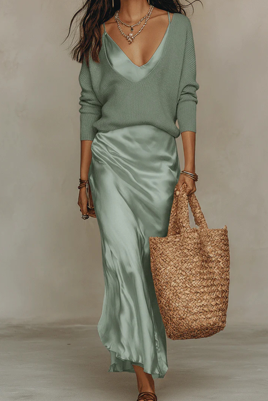 Women's Midi Dress Set with Knit Cardigan – Satin Two-Piece Outfit