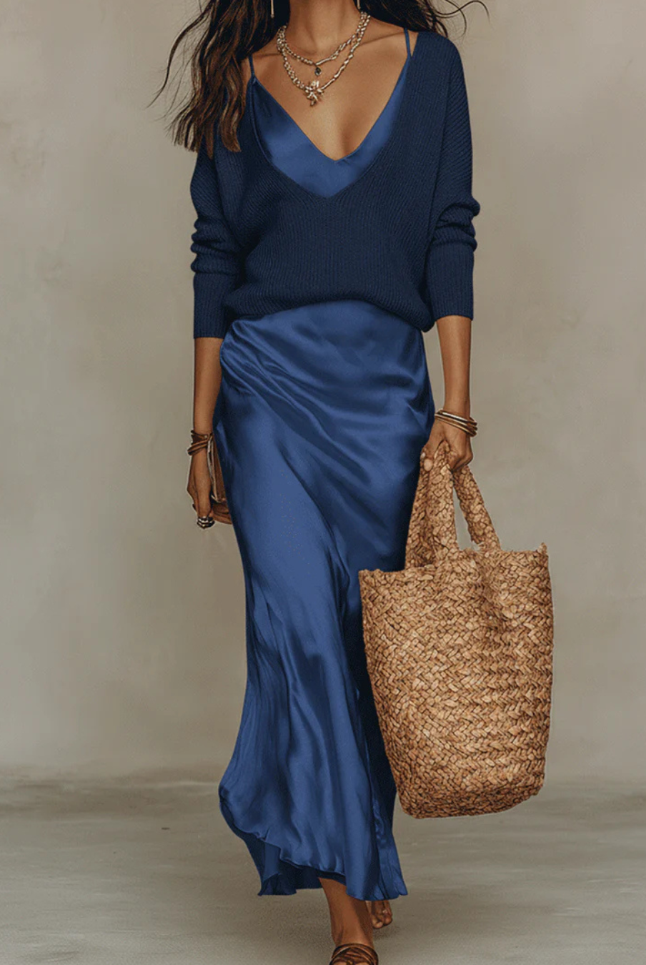 Women's Midi Dress Set with Knit Cardigan – Satin Two-Piece Outfit