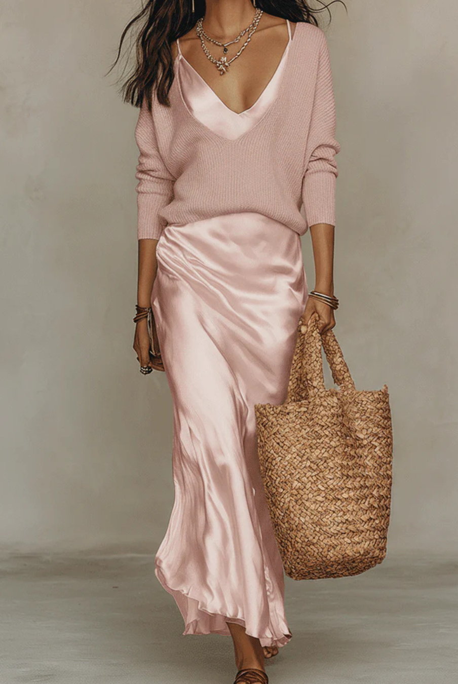 Women's Midi Dress Set with Knit Cardigan – Satin Two-Piece Outfit