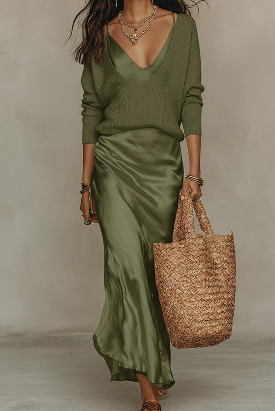 Women's Midi Dress Set with Knit Cardigan – Satin Two-Piece Outfit