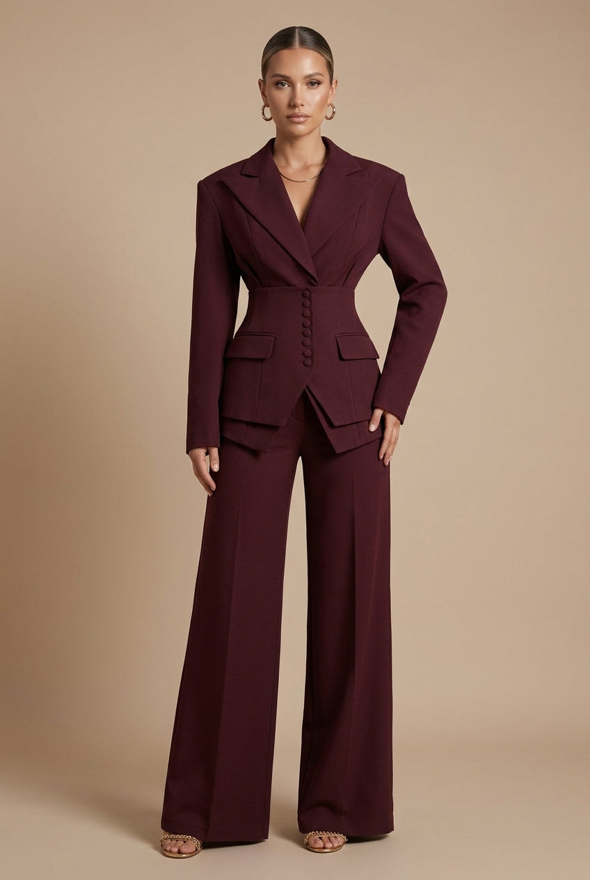 Women's Suits – Peaked Lapel Blazer and Wide-Leg Trousers Set