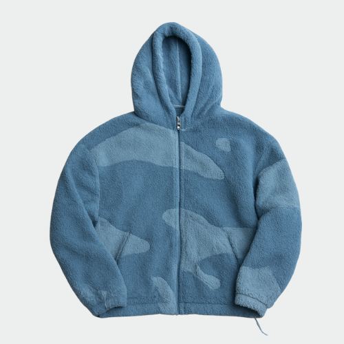 Men's Hooded Zip-Up Fleece Jacket - Color Block Design