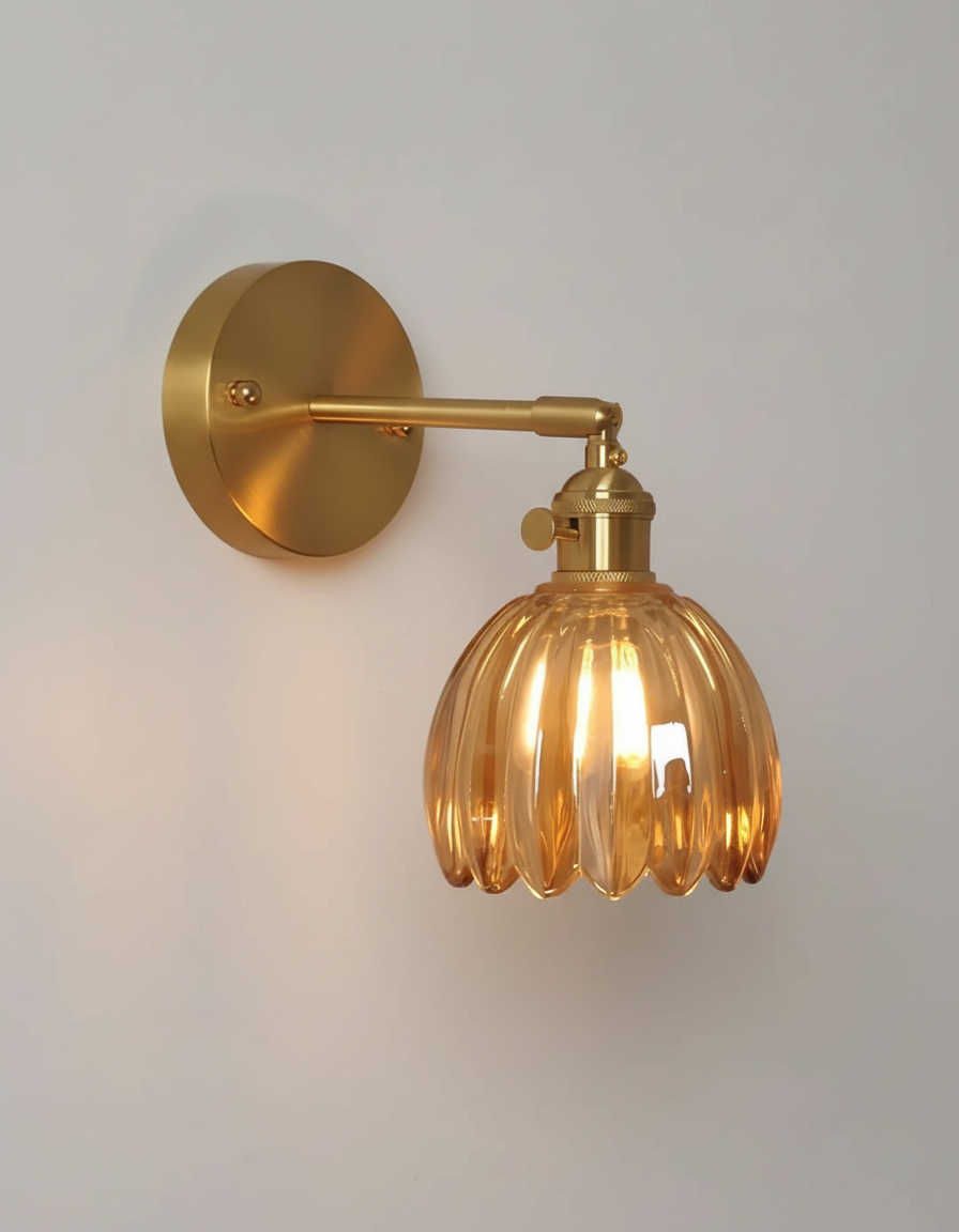 Elegant Wall Sconce Lighting with Glass Shade – Vintage Brass Flower Design 4