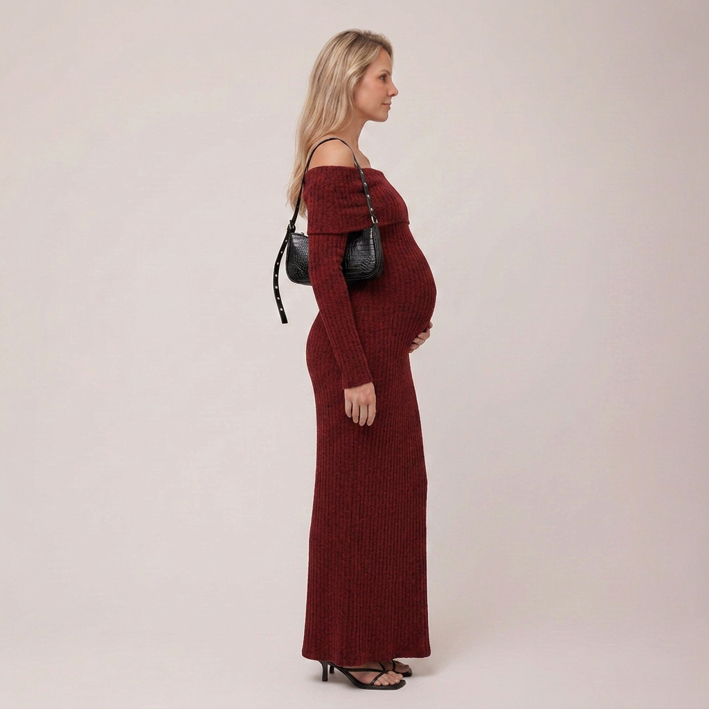 Maternity Maxi Dress Off-the-Shoulder Burgundy Ribbed Knit