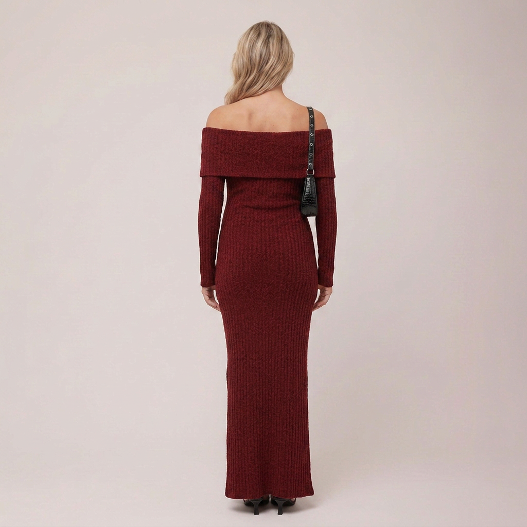 Maternity Maxi Dress Off-the-Shoulder Burgundy Ribbed Knit