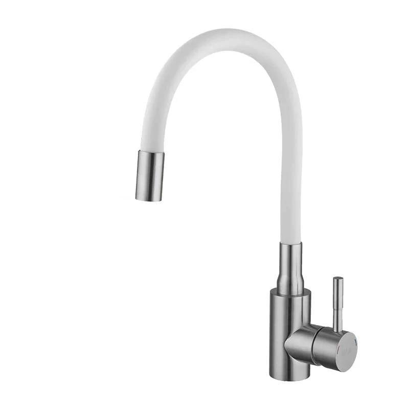 Flexible Kitchen Tap with bendable white hose and chrome base for hot and cold water