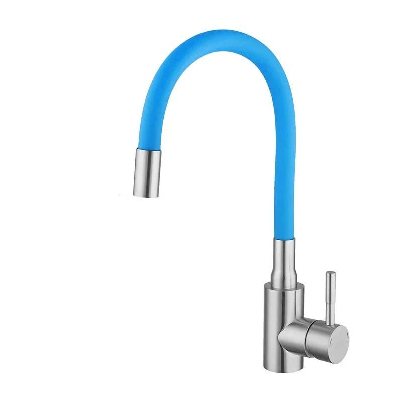 Flexible Kitchen Tap – Bendable Hose Faucet with Hot & Cold Water, blue hose, stainless steel body at kitchen sink.