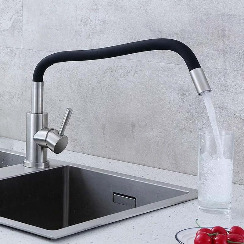 Flexible Kitchen Tap – Bendable Hose Faucet with Hot & Cold Water, mounted over a stainless steel kitchen sink; water flows into a glass.