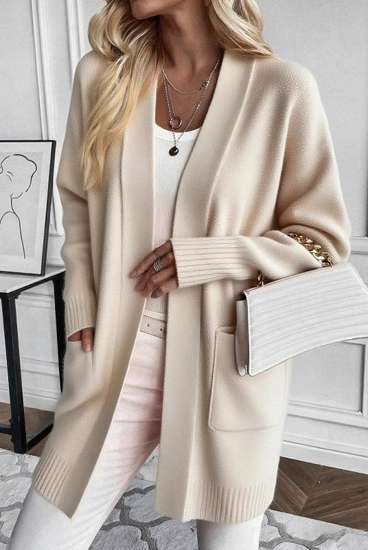 Women's Longline Cardigan with Pockets - Ribbed Cuffs Knit