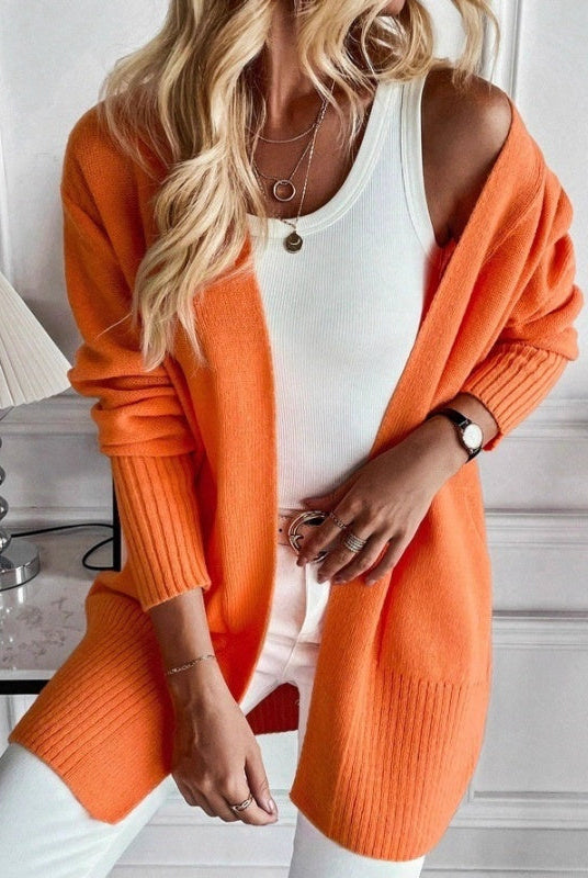 Women's Longline Cardigan with Pockets - Ribbed Cuffs Knit