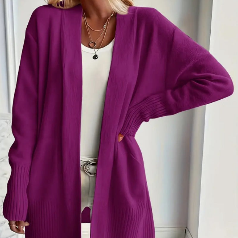 Women's Longline Cardigan with Pockets - Ribbed Cuffs Knit