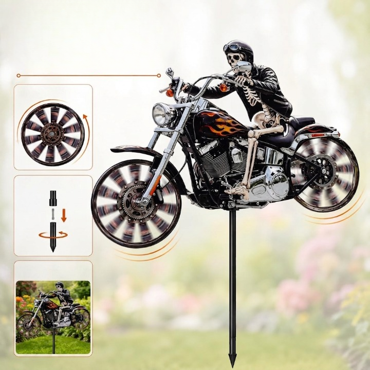 Motorrad-Windrad mit Skelett-Fahrer für Garten - Zorenza