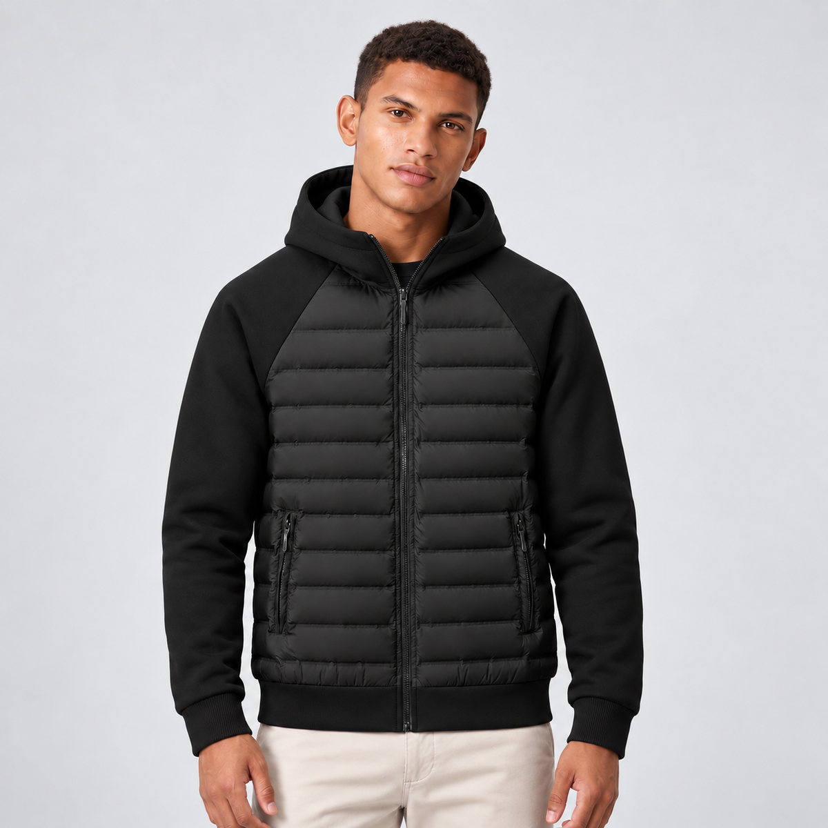 Mens Hooded Bomber Jacket with Sweat Sleeves - Quilted Hybrid Coat
