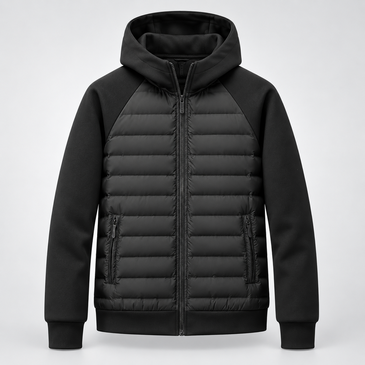 Mens Hooded Bomber Jacket with Sweat Sleeves - Quilted Hybrid Coat