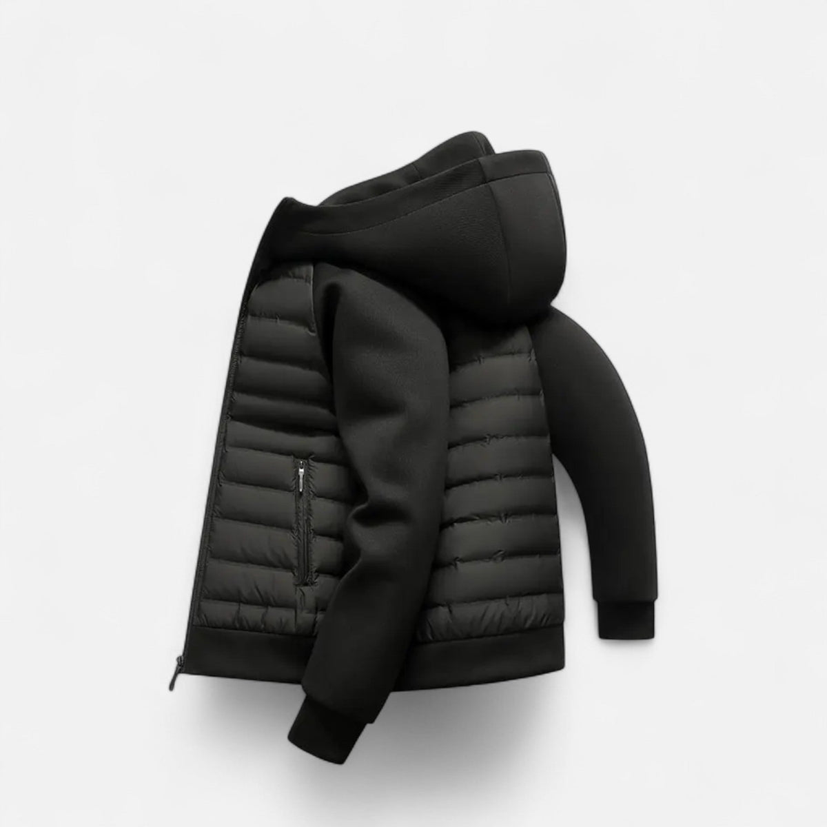 Mens Hooded Bomber Jacket with Sweat Sleeves - Quilted Hybrid Coat